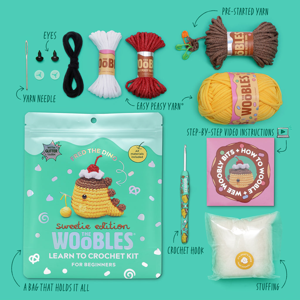 Fred The Dino: Sweetie Edition Crochet Kit - Beginner Crafts Daily